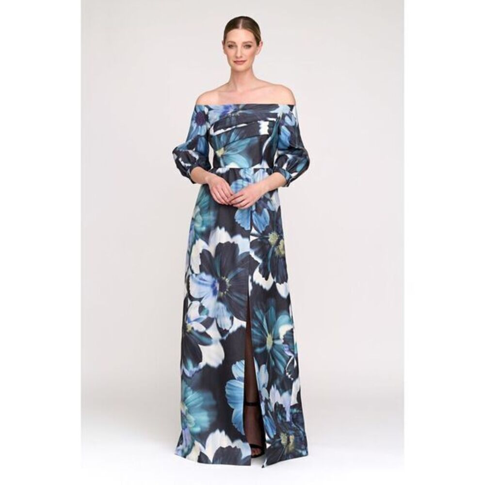Kay Unger Womens Alison Floral Off-the-Shoulder Gown Flint Light Teal Size 6